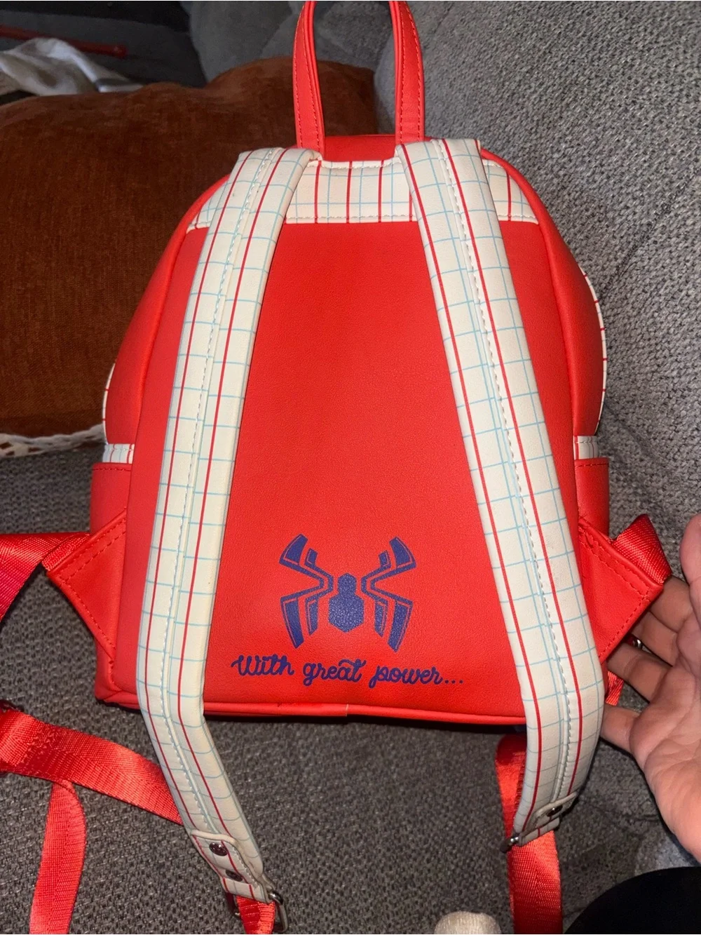 Marvel Kids Cream and Red Sherpa Backpack with Spider-Man Patch loungefly